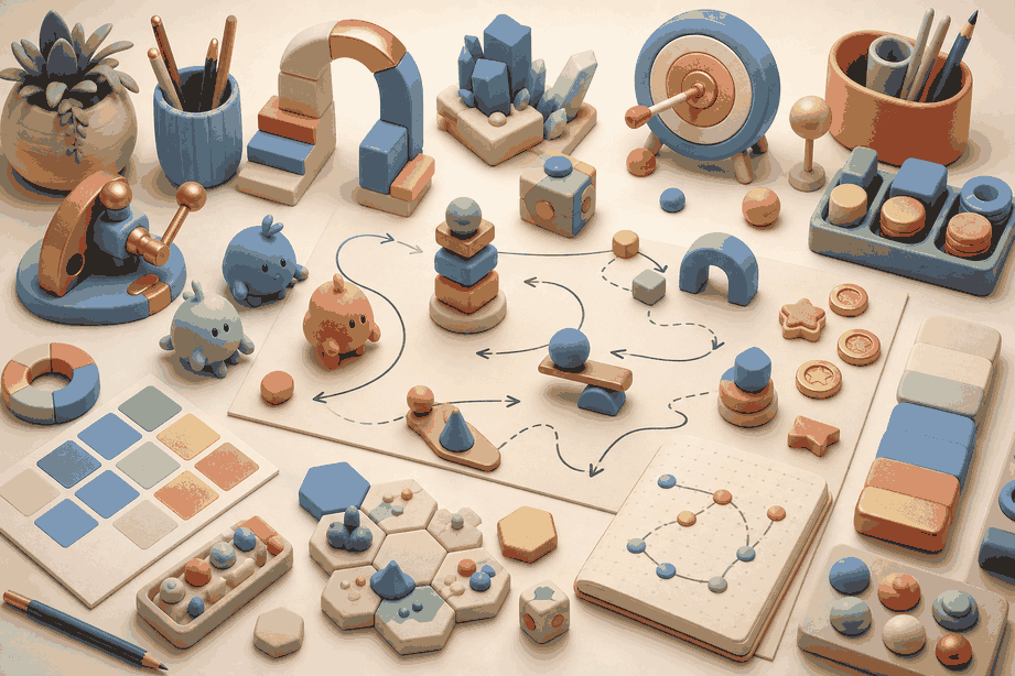 A creative studio workspace filled with diverse game design materials